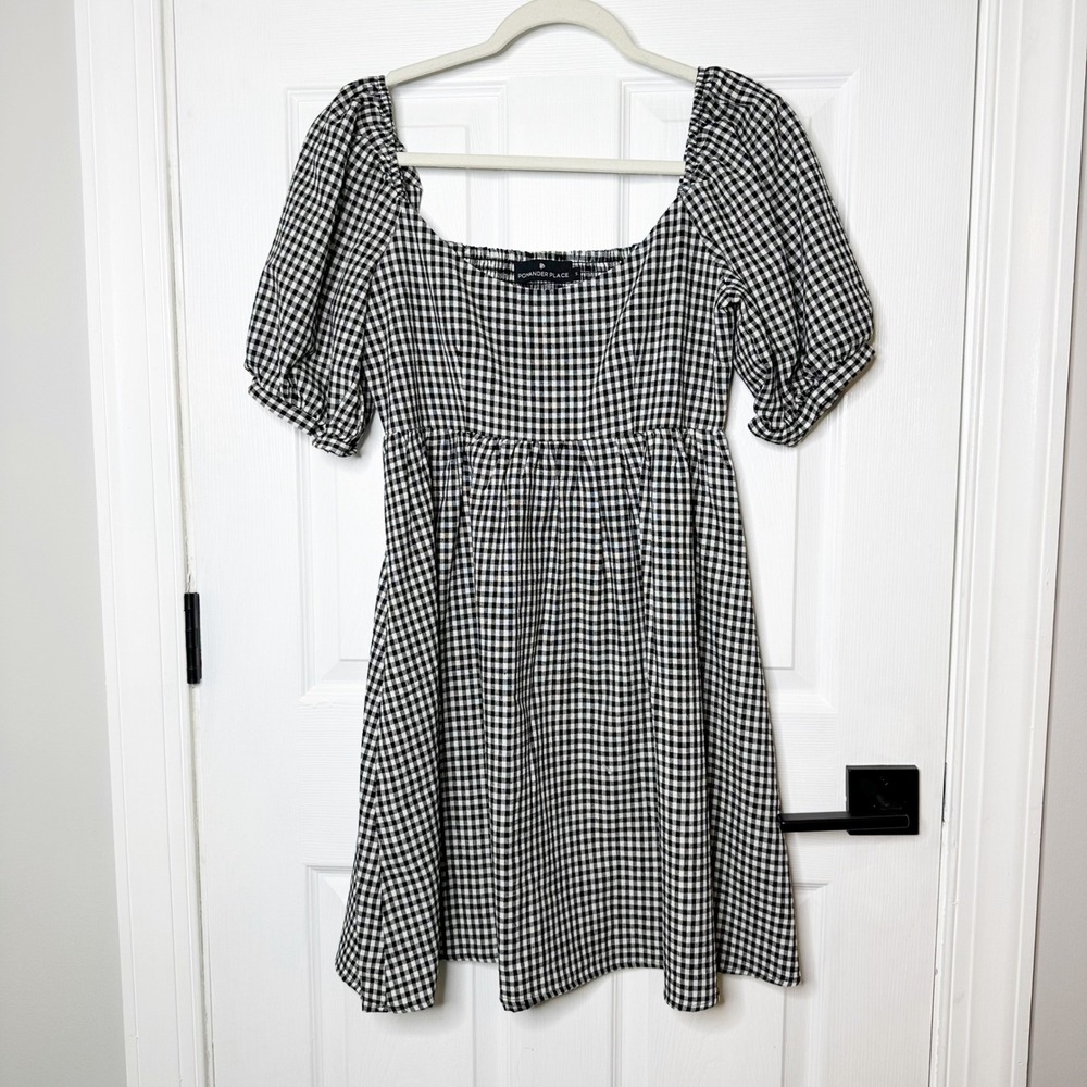 Pomander Place Gingham Mini Dress Womens S Black White Puff Sleeve Smocked